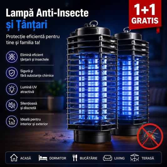 Lampă Anti-Insecte  1+1 GRATIS cu Lumină UV 27 cm – Capcană Electrică pentru Țânțari și Insecte Zburătoare, Negru
