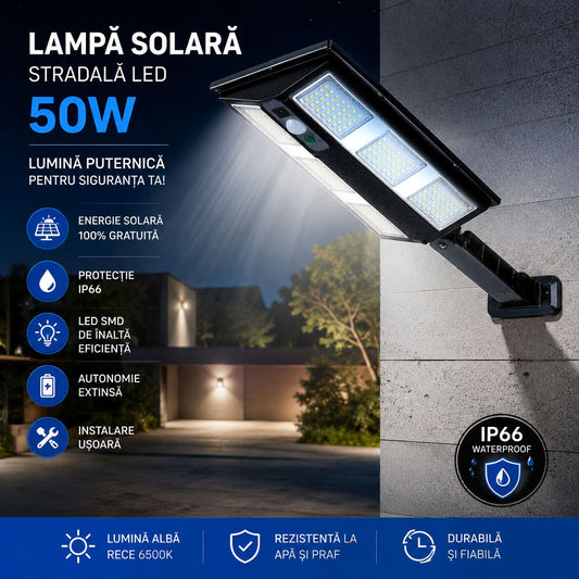 Lampă Solară Stradală LED Exterior 50W – 230 LED Next Gen, Senzor Mișcare, Telecomandă, IP66, Iluminat Inteligent