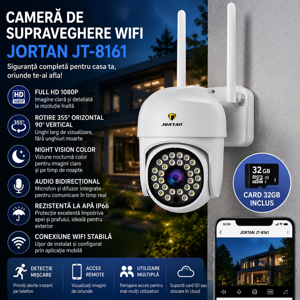 Pachet 3 Camere de Supraveghere WiFi Jortan JT-8161 + 3 Carduri 32GB Incluse – Full HD 1080P, Rotire 355°, Night Vision Color, Audio Bidirecțional