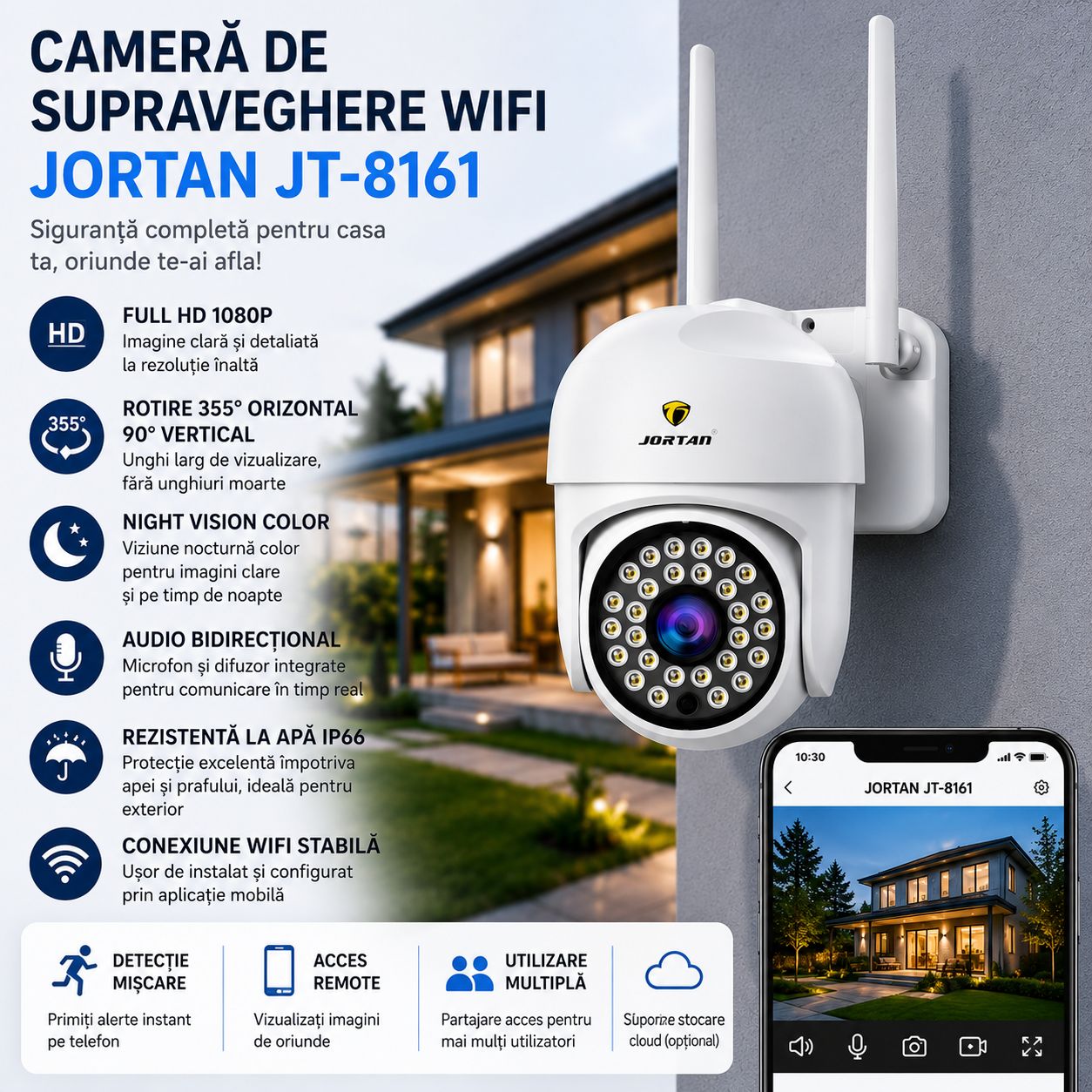 Pachet 3 Camere de Supraveghere WiFi Jortan JT-8161 – Full HD 1080P, Rotire 355°, Night Vision Color, Audio Bidirecțional, IP66