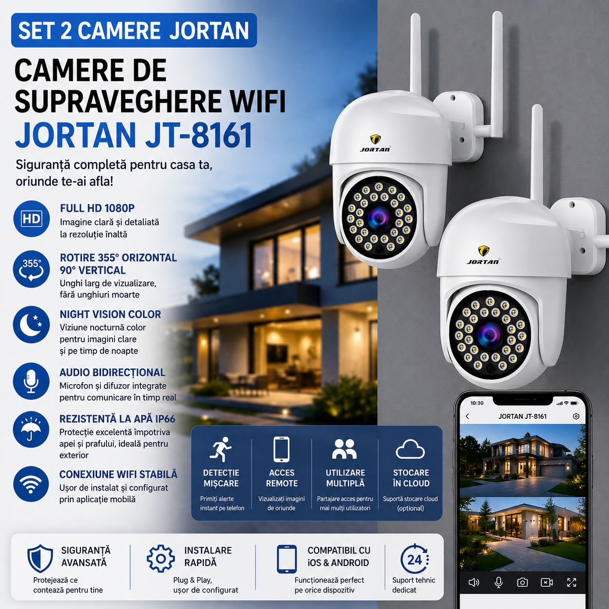 Pachet 2 Camere de Supraveghere WiFi Jortan JT-8161 – Full HD 1080P, Rotire 355°, Night Vision Color, Audio Bidirecțional, IP66