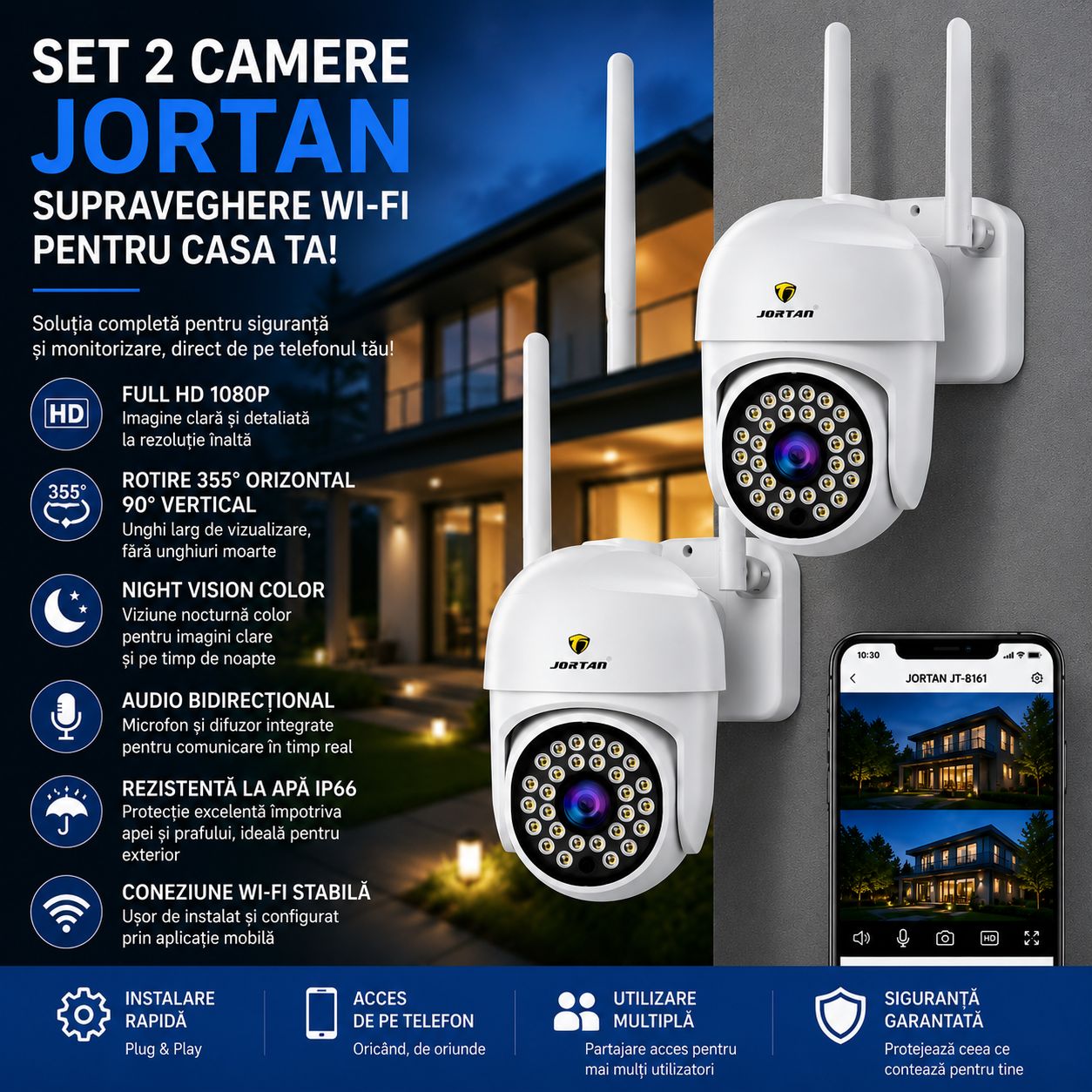 Pachet 2 Camere de Supraveghere WiFi Jortan JT-8161 – Full HD 1080P, Rotire 355°, Night Vision Color, Audio Bidirecțional, IP66