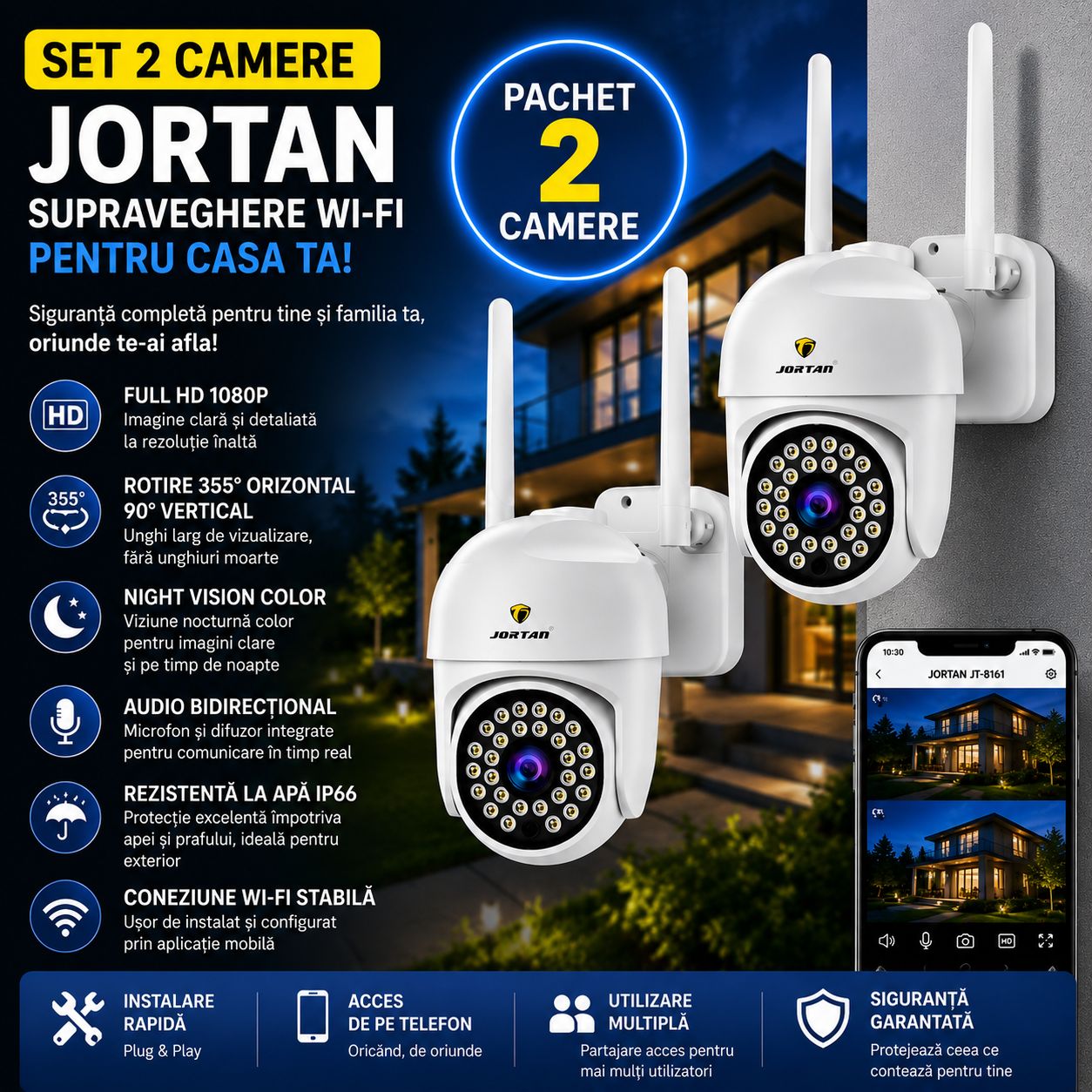 Pachet 2 Camere de Supraveghere WiFi Jortan JT-8161 – Full HD 1080P, Rotire 355°, Night Vision Color, Audio Bidirecțional, IP66