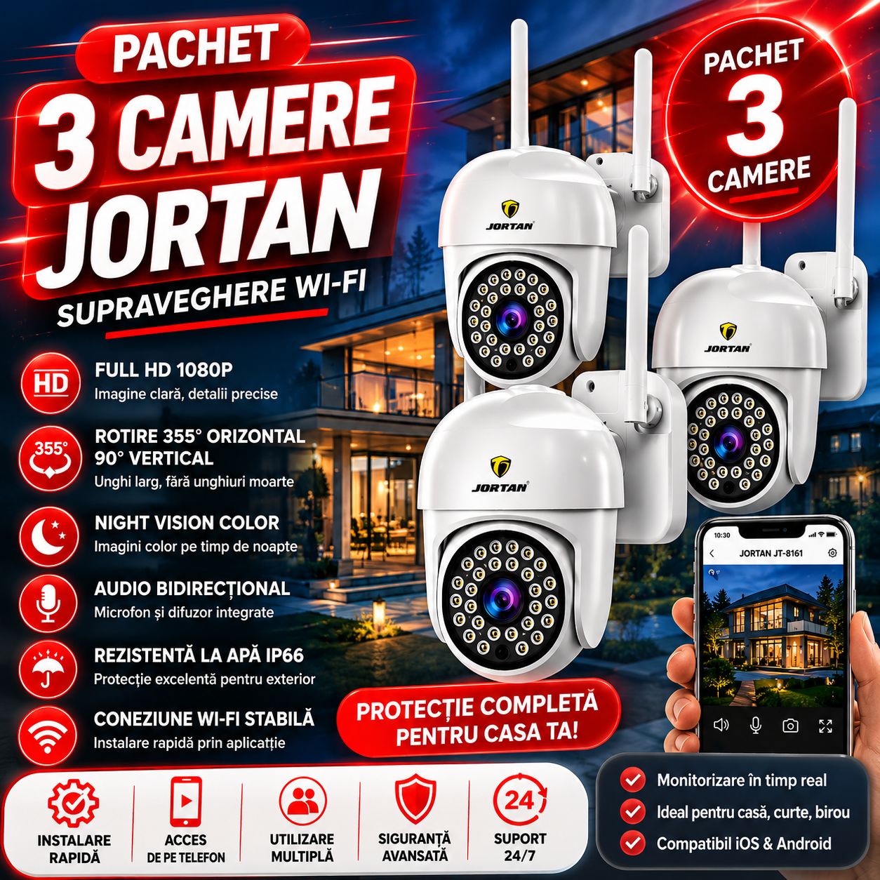 Pachet 3 Camere de Supraveghere WiFi Jortan JT-8161 – Full HD 1080P, Rotire 355°, Night Vision Color, Audio Bidirecțional, IP66