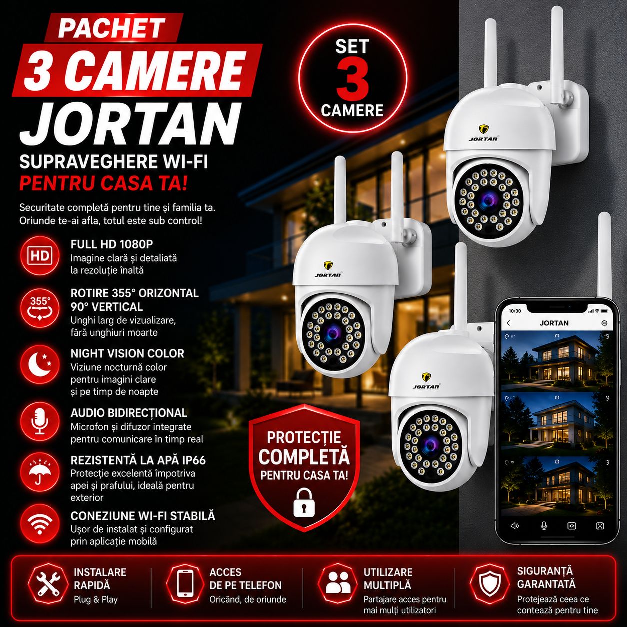 Pachet 3 Camere de Supraveghere WiFi Jortan JT-8161 – Full HD 1080P, Rotire 355°, Night Vision Color, Audio Bidirecțional, IP66