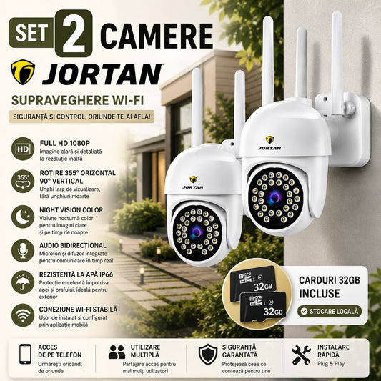 Pachet 2 Camere de Supraveghere WiFi JORTAN JT-8161 + 2 Carduri 32GB Incluse – Full HD 1080P, Rotire 355°, Night Vision Color, Audio Bidirecțional, IP66