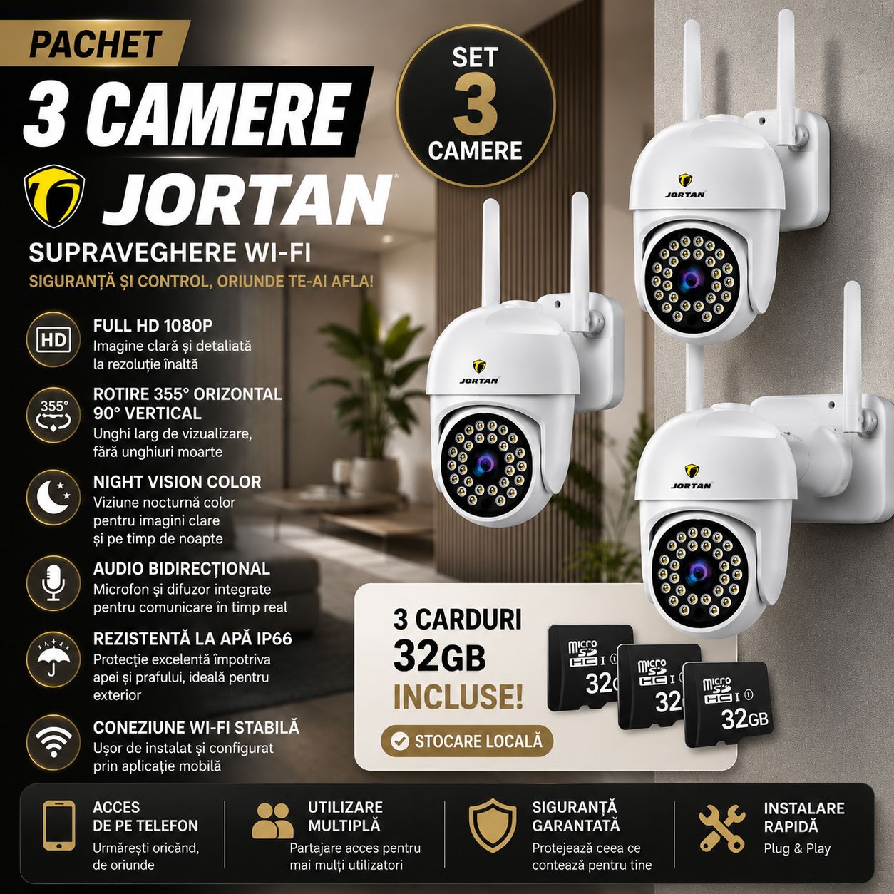 Pachet 3 Camere de Supraveghere WiFi Jortan JT-8161 + 3 Carduri 32GB Incluse – Full HD 1080P, Rotire 355°, Night Vision Color, Audio Bidirecțional