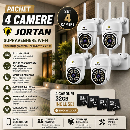 Pachet 4 Camere de Supraveghere WiFi JORTAN JT-8161 + 4 Carduri 32GB Incluse – Full HD 1080P, Rotire 355°, Night Vision Color, Audio Bidirecțional, IP66