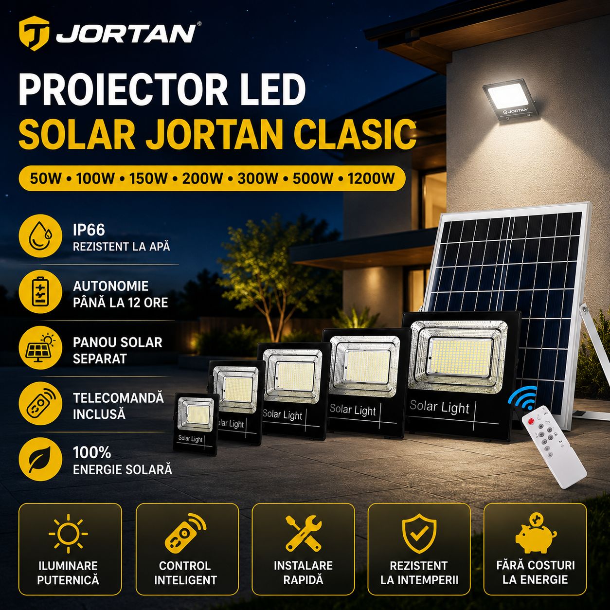 Proiector LED Solar JORTAN Clasic 50W/100W/150W/200W/300W/500W/1200W – Exterior, Telecomandă, IP66, Panou Solar Separat