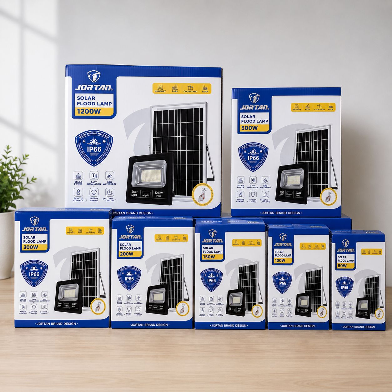 Proiector LED Solar JORTAN Clasic 50W/100W/150W/200W/300W/500W/1200W – Exterior, Telecomandă, IP66, Panou Solar Separat