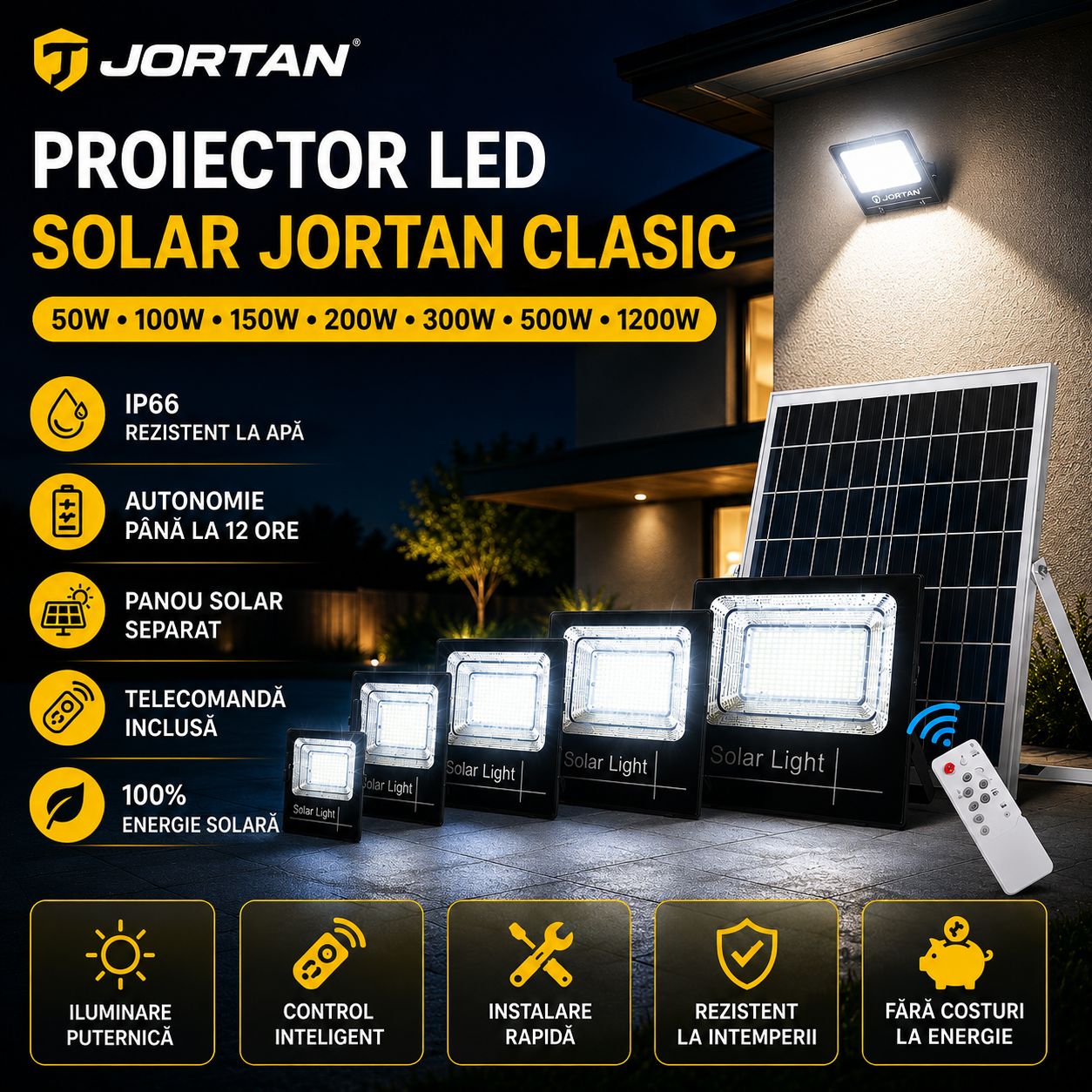 Proiector LED Solar JORTAN Clasic 50W/100W/150W/200W/300W/500W/1200W – Exterior, Telecomandă, IP66, Panou Solar Separat