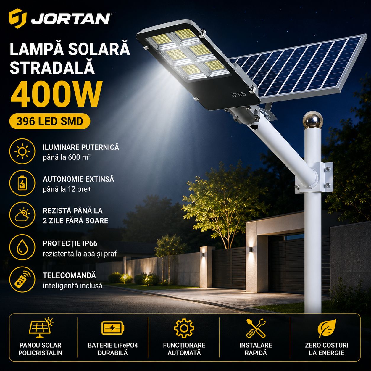 Lampă Solară Stradală JORTAN 400W cu Panou Solar și Braț de Susținere – 396 LED SMD, Telecomandă, IP66, Autonomie Extinsă