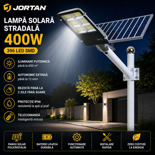 Lampă Solară Stradală JORTAN 400W cu Panou Solar și Braț de Susținere – 396 LED SMD, Telecomandă, IP66, Autonomie Extinsă
