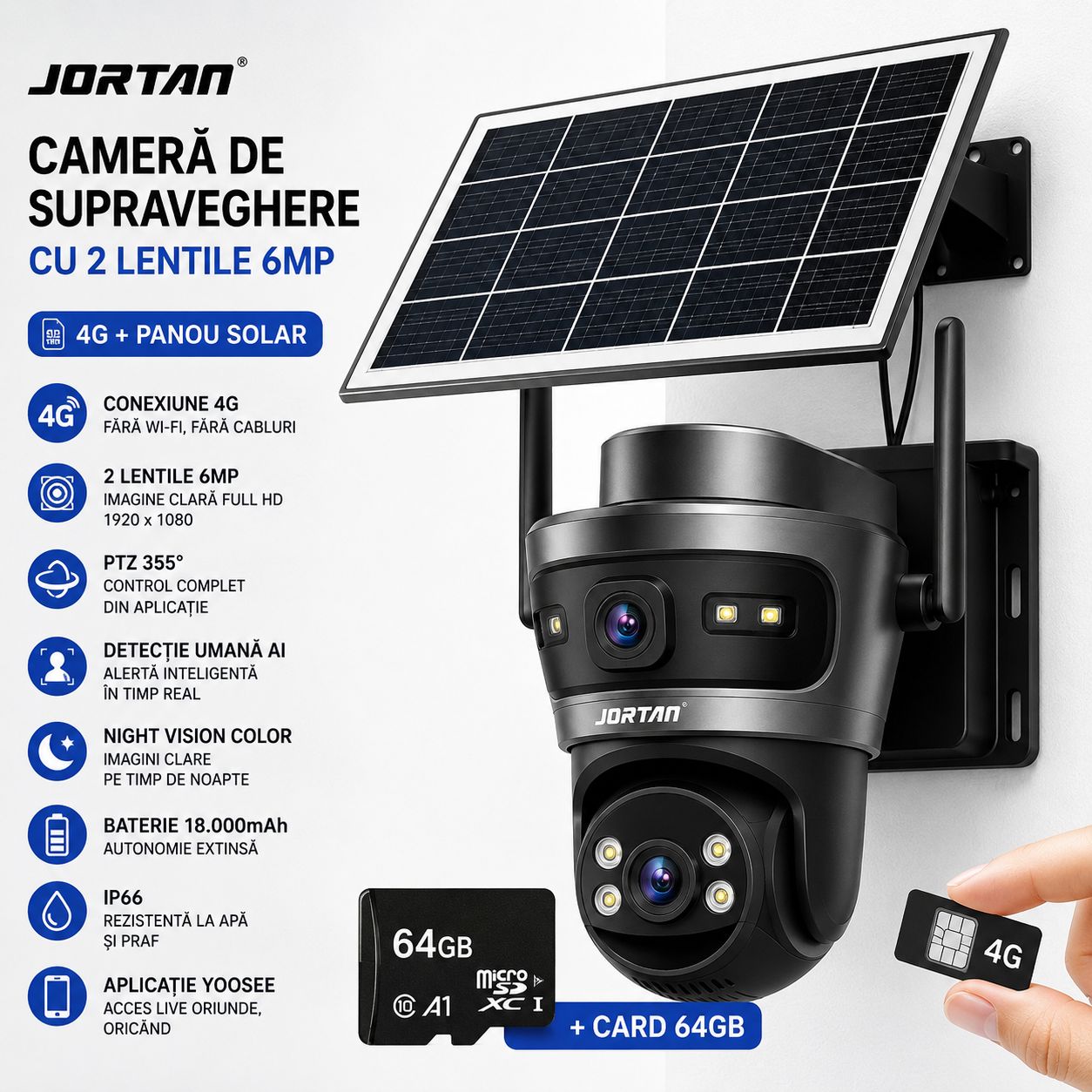 Camera de Supraveghere Jortan 4GHD cu 2 Lentile 6MP, 4G, Panou Solar, 18.000mAh, PTZ 355°, IP66, HD 1920 x 1080, Aplicație Yoosee + Card 64GB