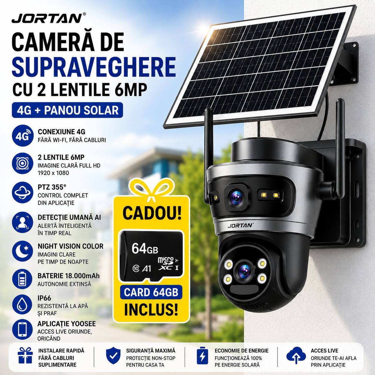 Pachet 2 Camere de Supraveghere Jortan 4GHD 4G cu 2 Lentile 6MP, Panou Solar, 18.000mAh, PTZ 355°, IP66, Aplicație Yoosee + Card 64GB