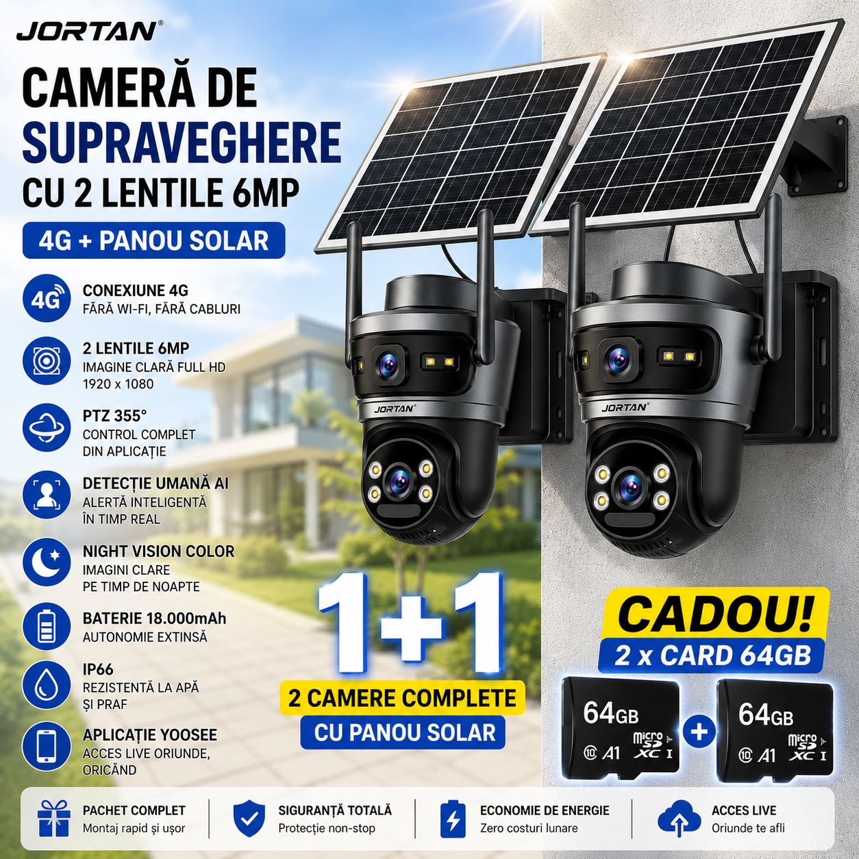 Pachet 2 Camere de Supraveghere Jortan 4GHD 4G cu 2 Lentile 6MP, Panou Solar, 18.000mAh, PTZ 355°, IP66, Aplicație Yoosee + Card 64GB