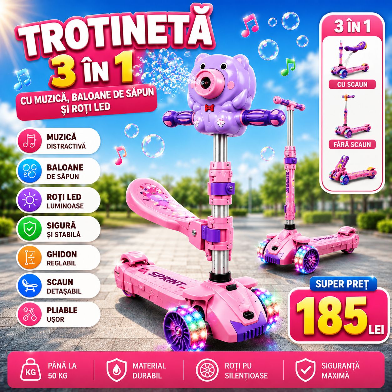 Trotinetă Copii cu Bule de Săpun și LED – 3 Roți, Muzică, Pliabilă, Ghidon Reglabil, 3–8 Ani