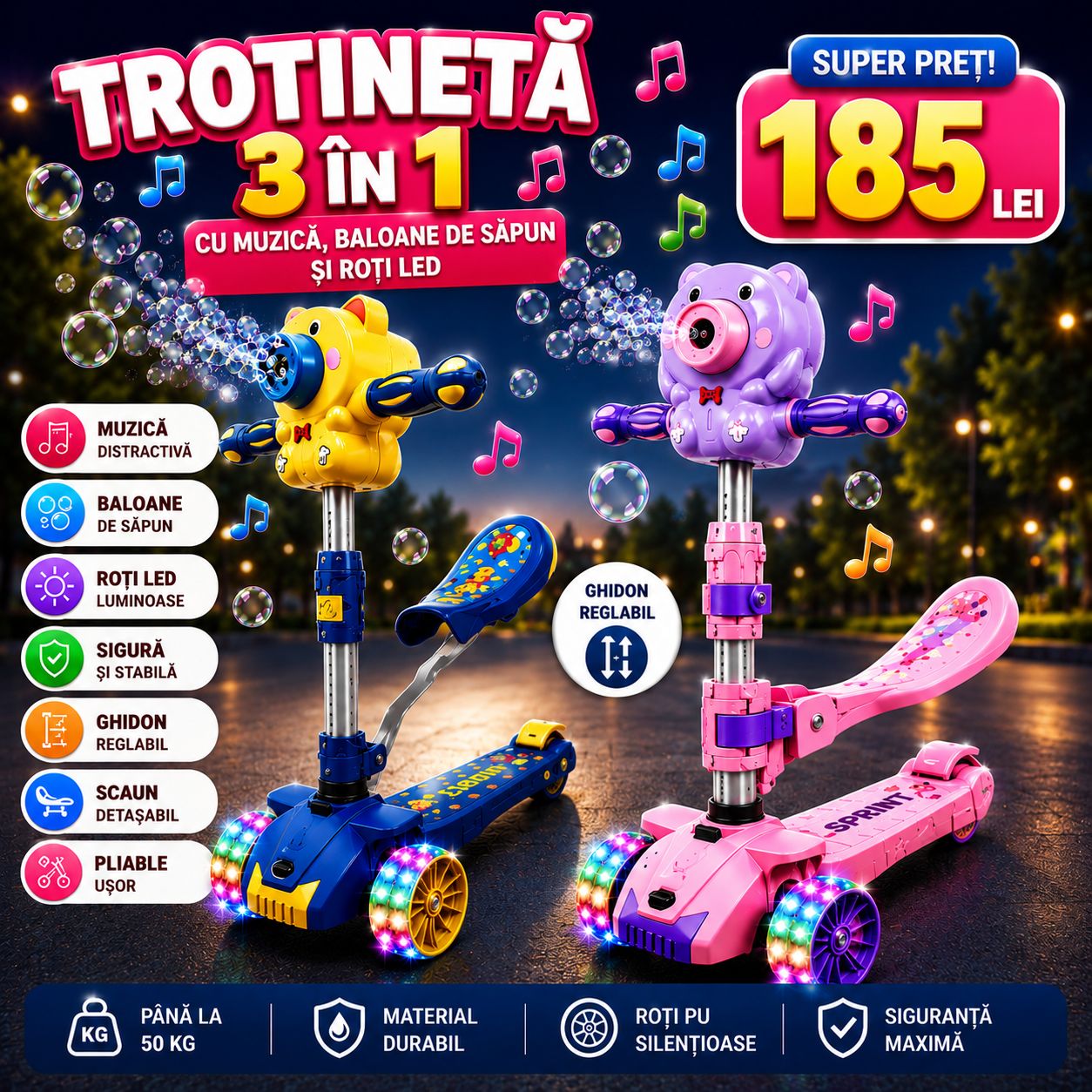 Trotinetă Copii cu Bule de Săpun și LED – 3 Roți, Muzică, Pliabilă, Ghidon Reglabil, 3–8 Ani