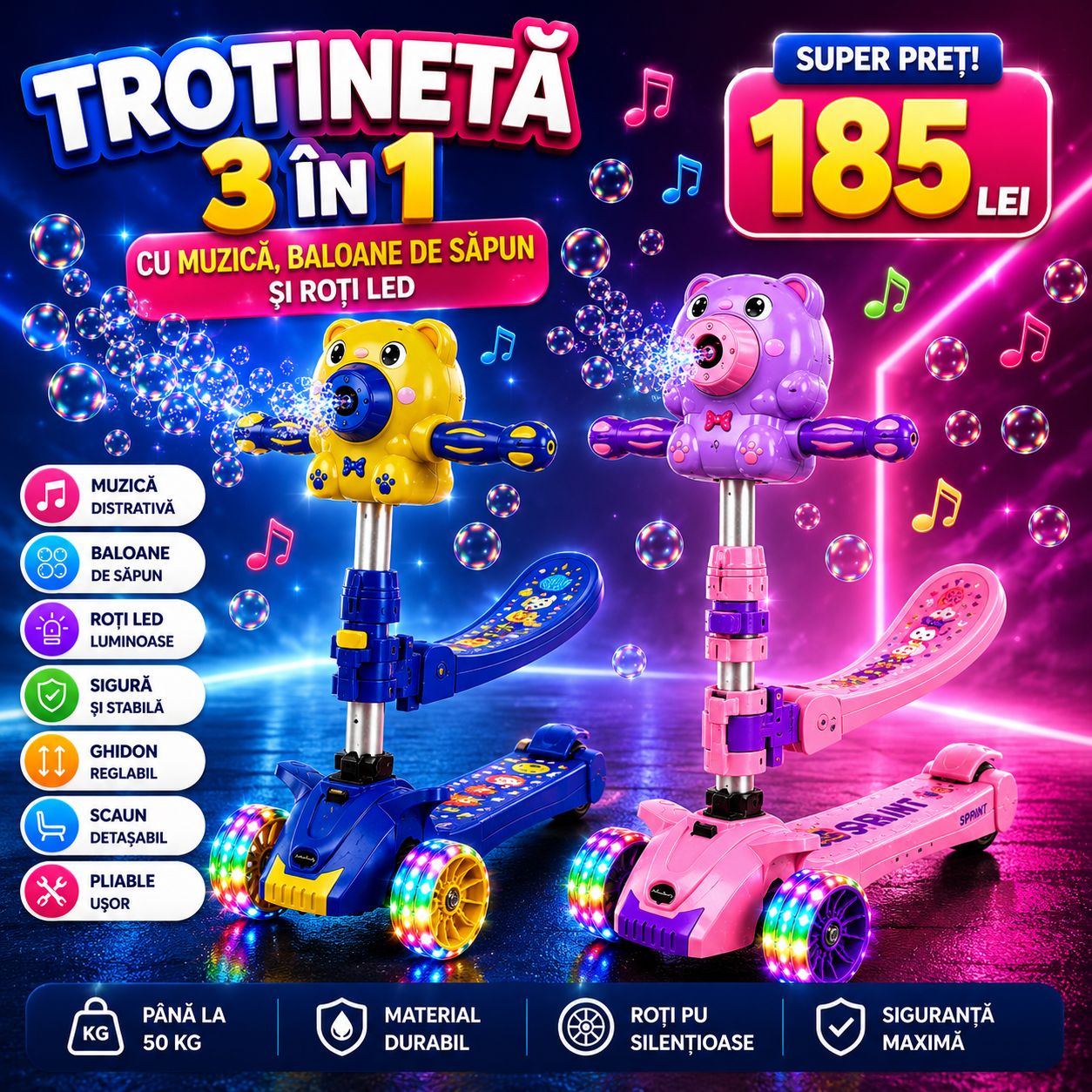 Trotinetă Copii cu Bule de Săpun și LED – 3 Roți, Muzică, Pliabilă, Ghidon Reglabil, 3–8 Ani
