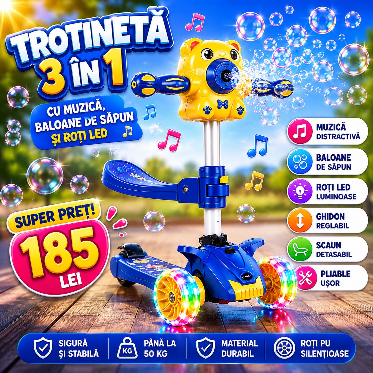 Trotinetă Copii cu Bule de Săpun și LED – 3 Roți, Muzică, Pliabilă, Ghidon Reglabil, 3–8 Ani