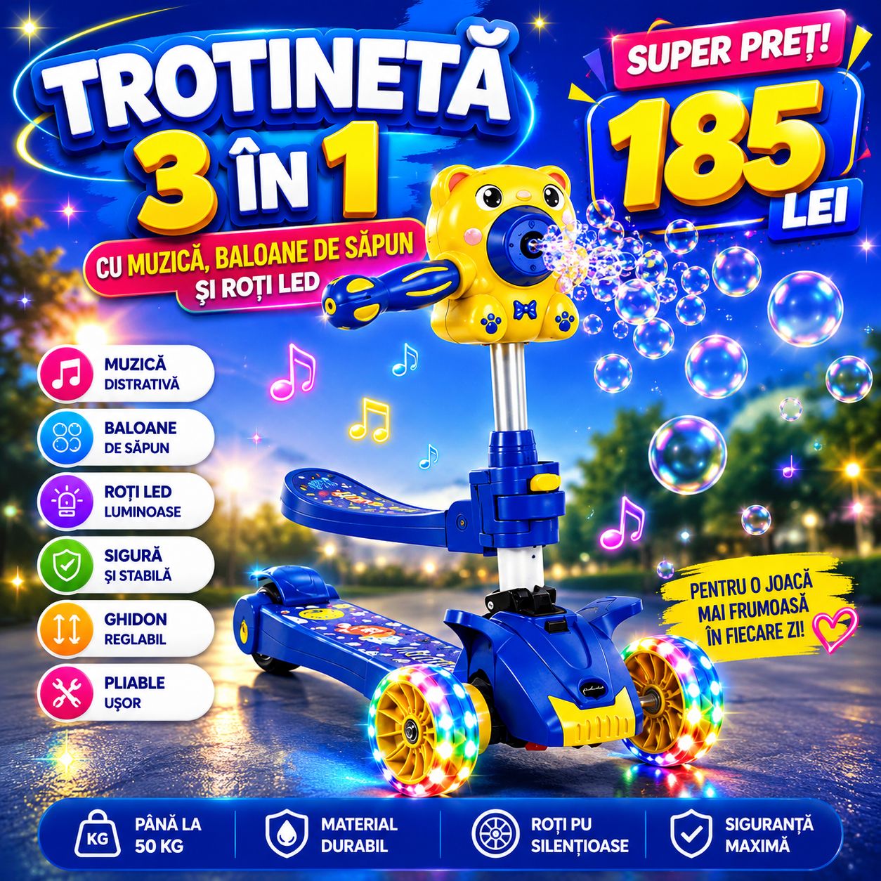 Trotinetă Copii cu Bule de Săpun și LED – 3 Roți, Muzică, Pliabilă, Ghidon Reglabil, 3–8 Ani
