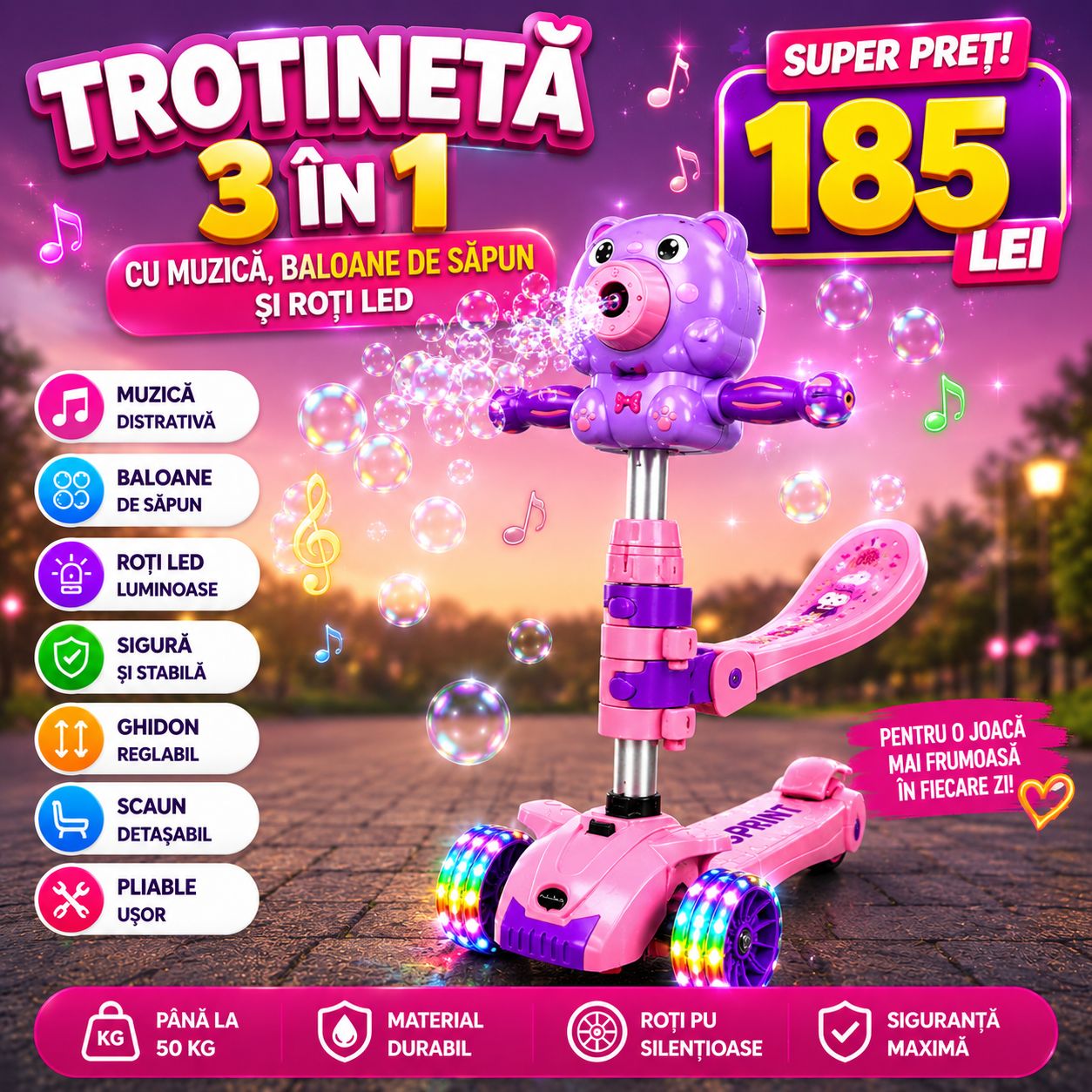 Trotinetă Copii cu Bule de Săpun și LED – 3 Roți, Muzică, Pliabilă, Ghidon Reglabil, 3–8 Ani