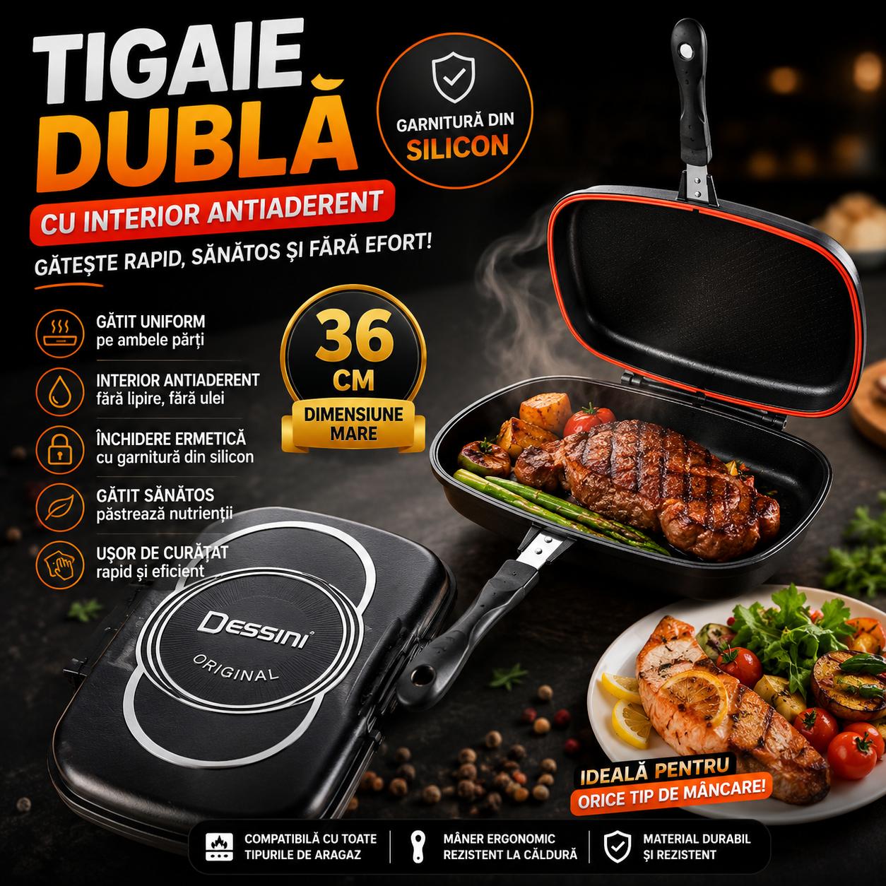 Tigaie Dublă cu Interior Antiaderent, Garnitură din Silicon, 36 cm