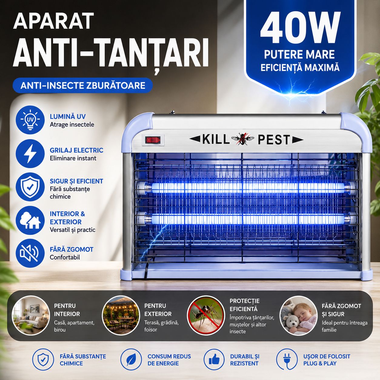 Aparat Anti-Țânțari 40W – Capcană UV pentru Insecte Zburătoare, Interior și Exterior