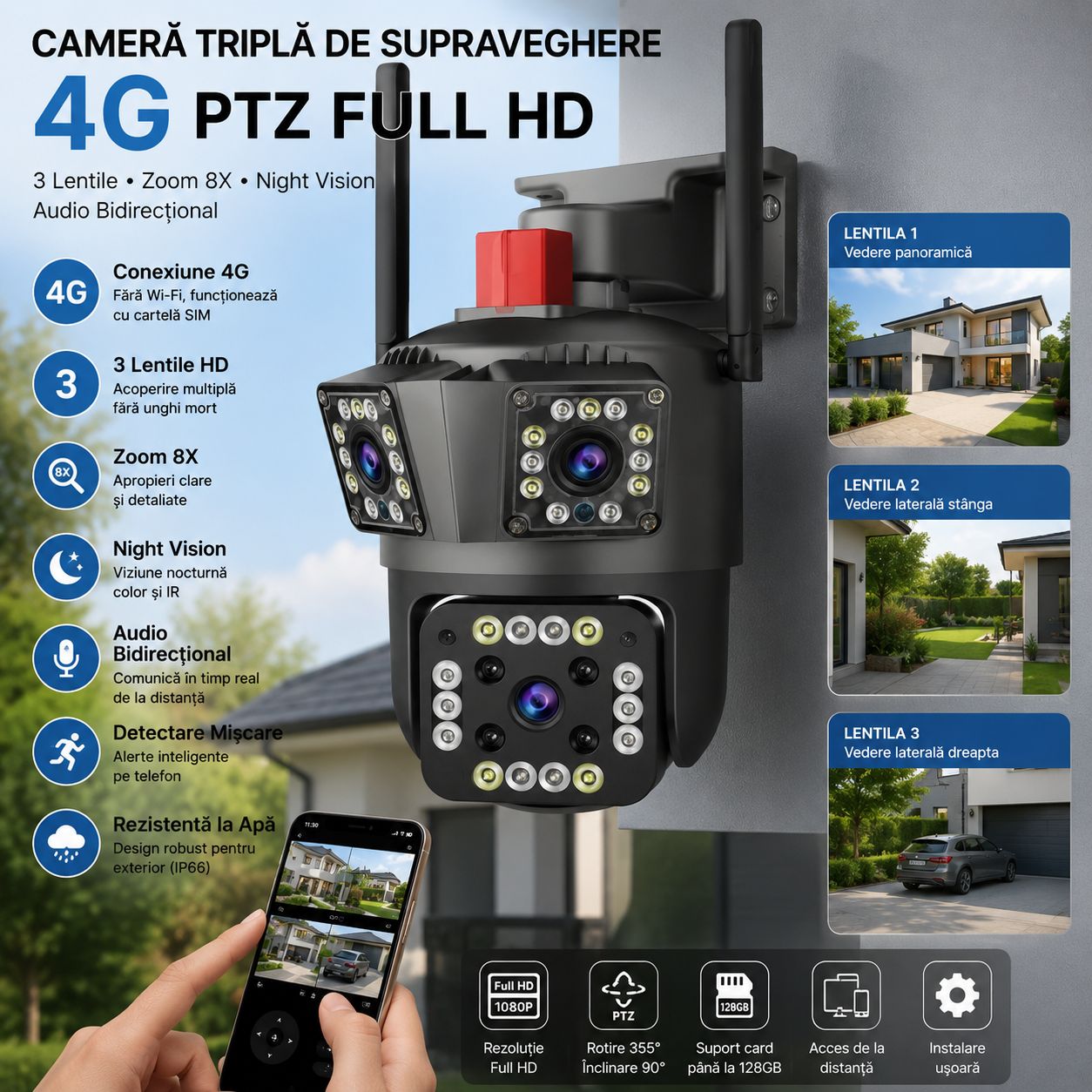 Pachet 2 Camere Triple de Supraveghere 4G PTZ Full HD cu 3 Lentile, Zoom 8X, Night Vision și Audio Bidirecțional