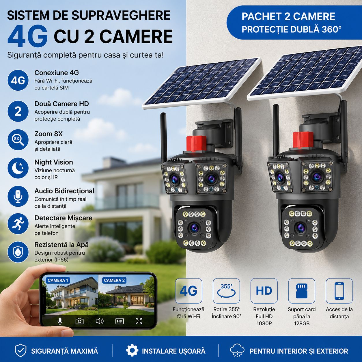 Pachet 2 Camere Triple de Supraveghere 4G PTZ Full HD cu 3 Lentile, Zoom 8X, Night Vision și Audio Bidirecțional