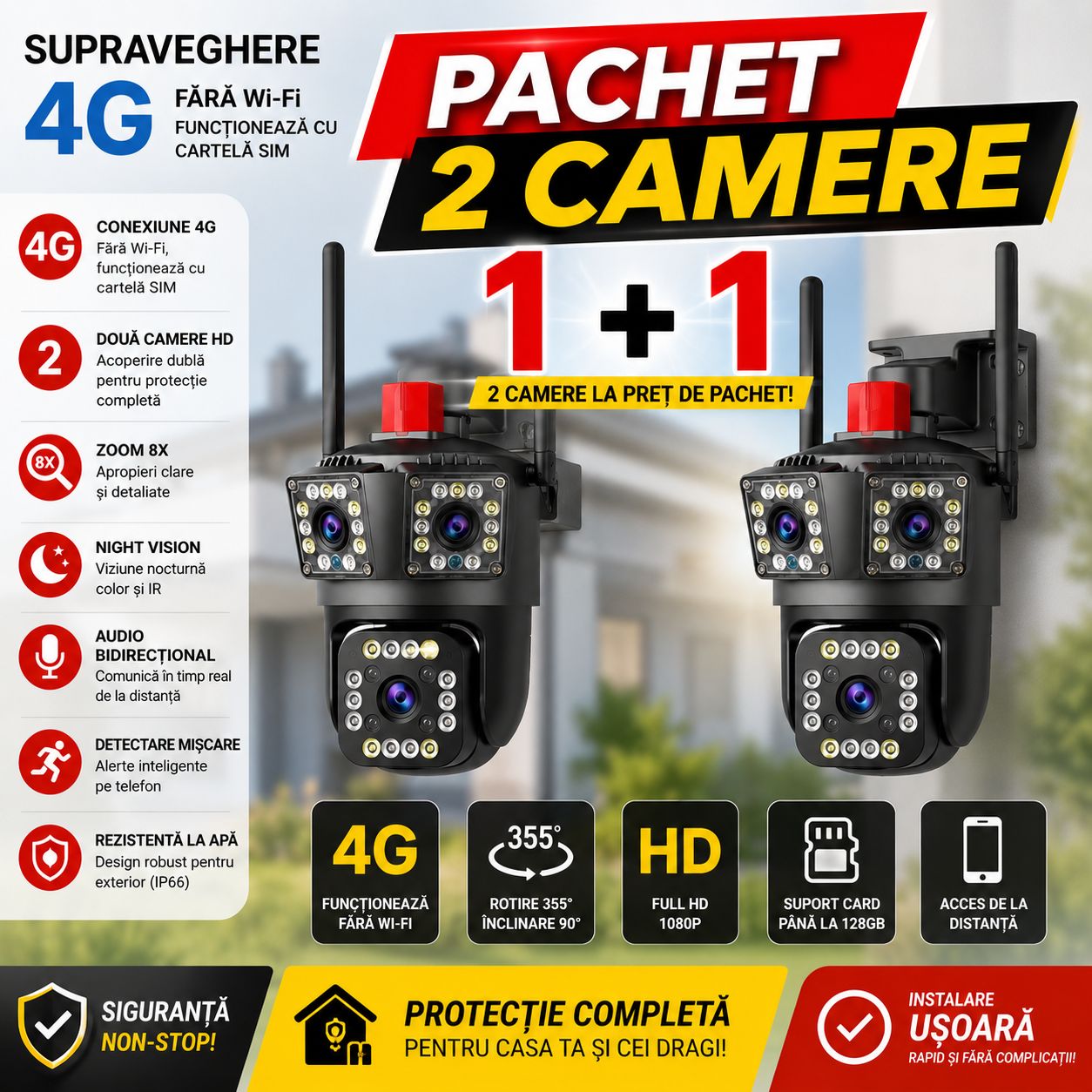 Pachet 2 Camere Triple de Supraveghere 4G PTZ Full HD cu 3 Lentile, Zoom 8X, Night Vision și Audio Bidirecțional