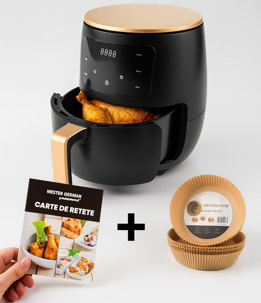 Air Fryer 6L – Friteuză cu Aer Cald + Carte de Rețete în Română & 100 Hârtii de Copt | Gătit Sănătos, Rapid și Crocant