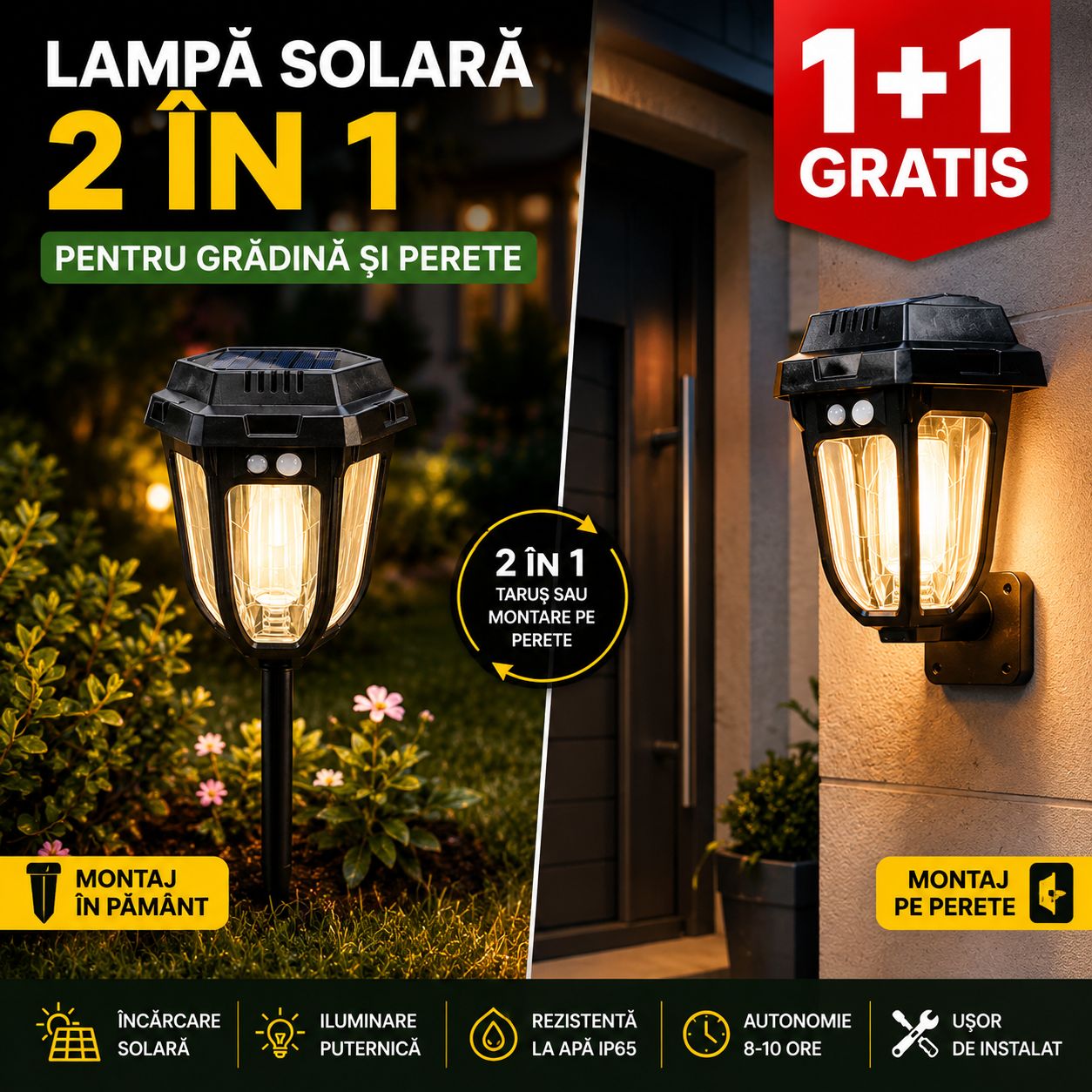 Lampă Solară 2-în-1 | 1+1 GRATIS Stil Retro cu Țăruș pentru Grădină – Iluminare Decorativă Exterior