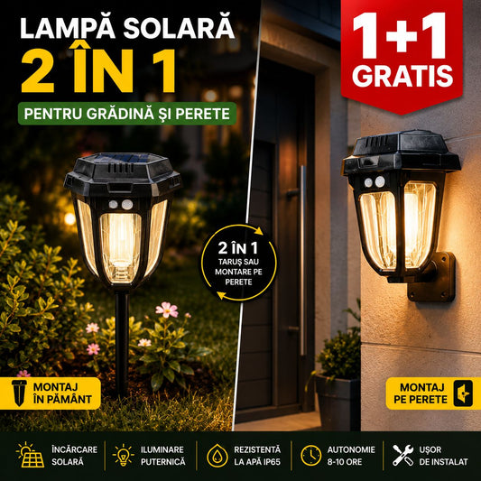 Lampă Solară 2-în-1 | 1+1 GRATIS Stil Retro cu Țăruș pentru Grădină – Iluminare Decorativă Exterior