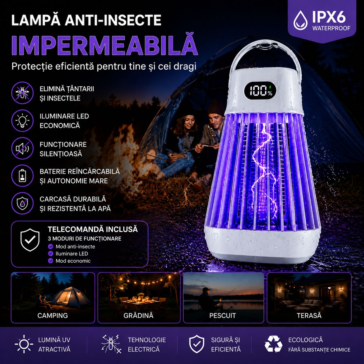 Lampă 2-în-1 Anti-Insecte și Camping Reîncărcabilă USB – Lumină LED + Capcană UV, IP66