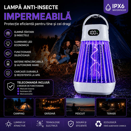 Lampă 2-în-1 Anti-Insecte și Camping Reîncărcabilă USB – Lumină LED + Capcană UV, IP66