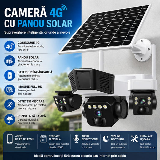 Cameră Supraveghere Exterior 4G, 3-în-1 cu Panou Solar și 3 Lentile
