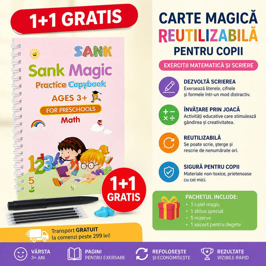 Carte Magică 1+1 GRATIS Reutilizabilă pentru Copii – Scriere și Matematică, Stilou Magic + 10 Rezerve