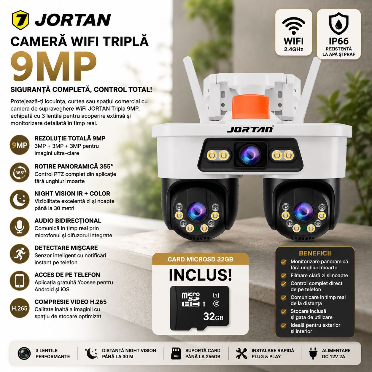Camera de Supraveghere WiFi JORTAN Tripla 9MP PTZ 355° cu 3 Lentile, Night Vision Color, Audio Bidirecțional, IP66 + Card 32GB Inclus
