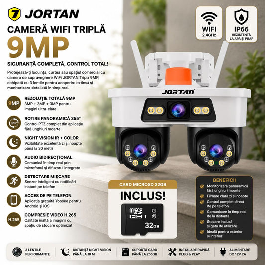 Camera de Supraveghere WiFi JORTAN Tripla 9MP PTZ 355° cu 3 Lentile, Night Vision Color, Audio Bidirecțional, IP66 + Card 32GB Inclus