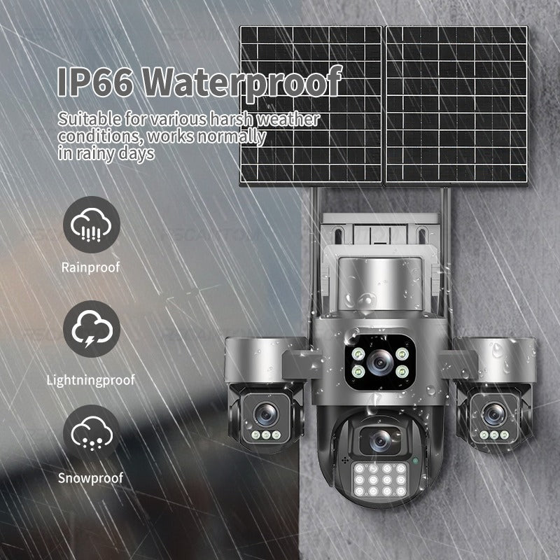 Cameră de Supraveghere 4G Solară 16MP cu 4 Lentile, AI Tracking 355°, Night Vision Color, Audio Bidirecțional și Stocare Cloud/SD
