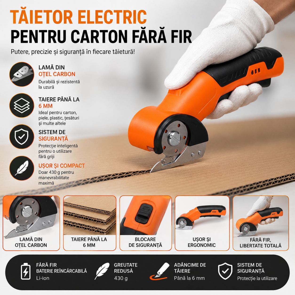 Tăietor Electric pentru Carton fără Fir, Lamă din Oțel Carbon, Tăiere până la 6 mm, Sistem de Siguranță, 430 g, Portocaliu