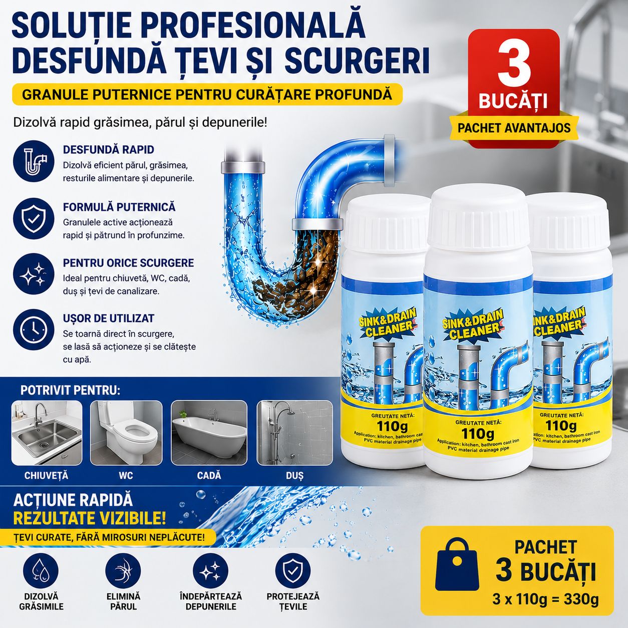 Pachet 3 x Soluție Profesională Desfundare Țevi și Scurgeri 110g, Granule Puternice pentru Chiuvetă, WC, Cadă și Duș, Cleaner Canalizare pentru Dizolvare Grăsime, Păr și Depuneri