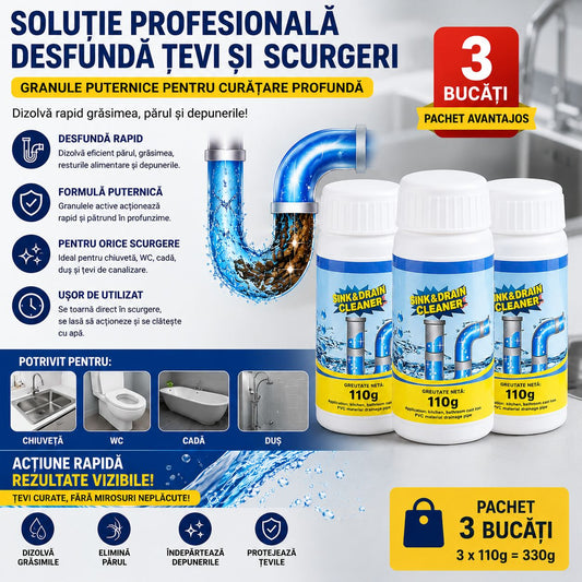 Pachet 3 x Soluție Profesională Desfundare Țevi și Scurgeri 110g, Granule Puternice pentru Chiuvetă, WC, Cadă și Duș, Cleaner Canalizare pentru Dizolvare Grăsime, Păr și Depuneri