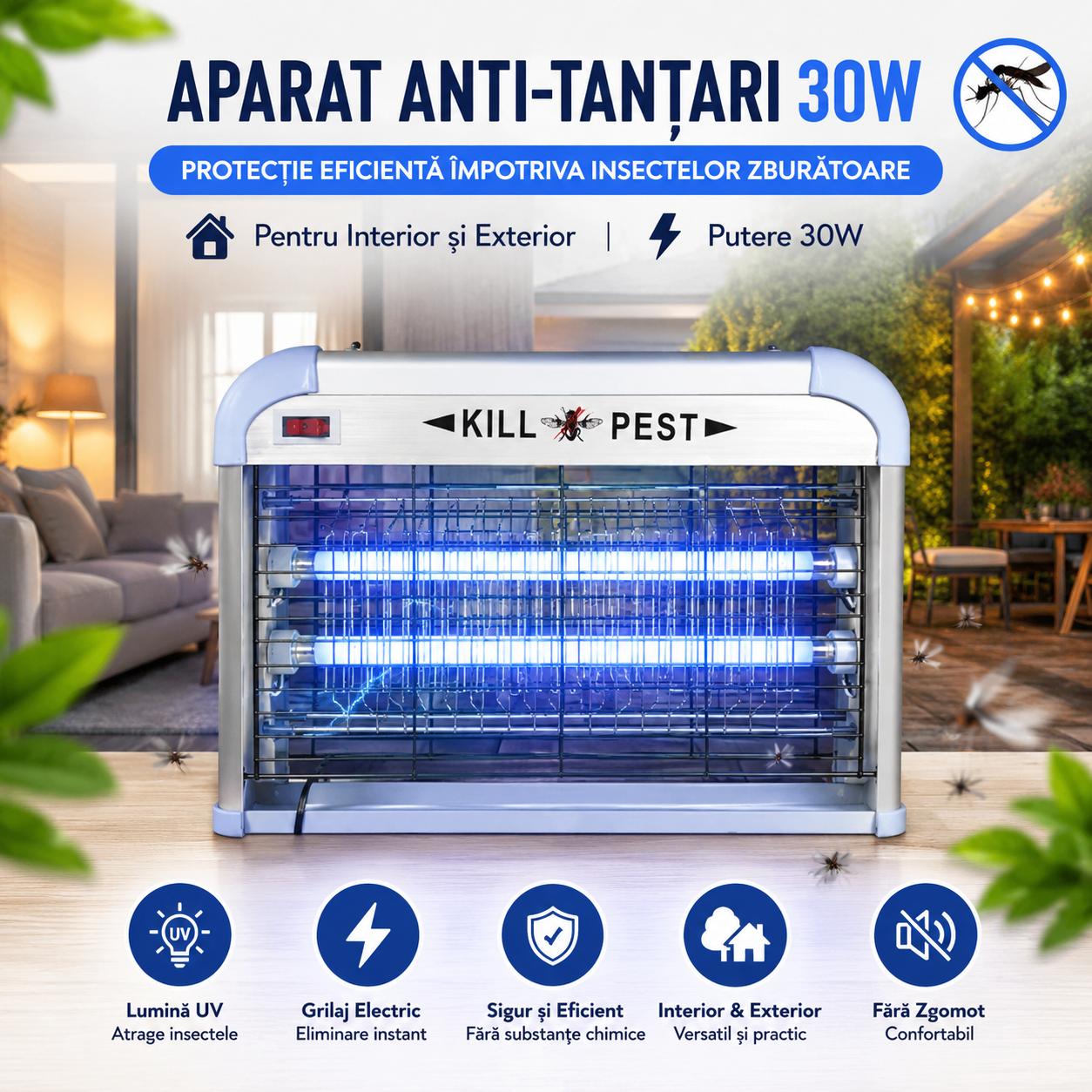 Aparat Anti-Țânțari 30W – Capcană UV pentru Insecte Zburătoare, Interior și Exterior