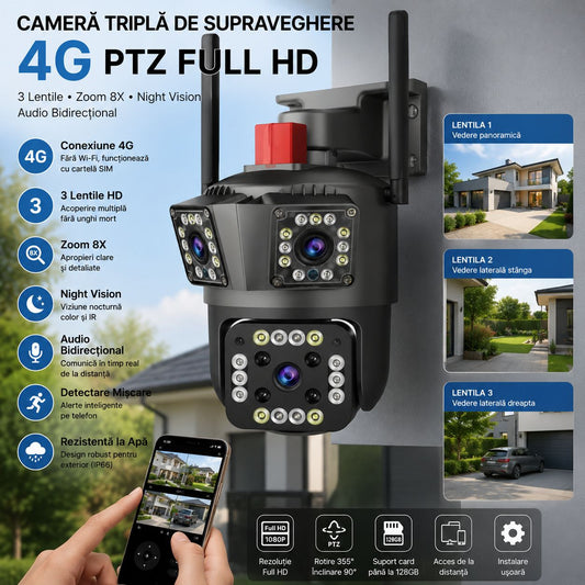 Camera Triplă de Supraveghere 4G PTZ Full HD cu 3 Lentile, Zoom 8X, Night Vision și Audio Bidirecțional