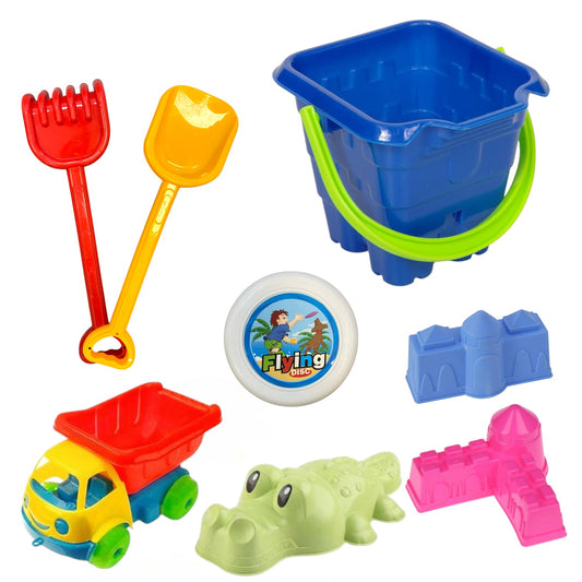 Găletușă 11,7x17 cm cu accesorii pentru nisip – Set 8 piese din plastic, diferite culori, jucărie de plajă pentru copii