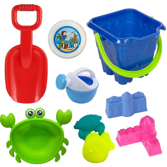 Găletușă 17x17 cm cu accesorii pentru nisip – Set 9 piese din plastic, diferite culori, jucărie de plajă pentru copii