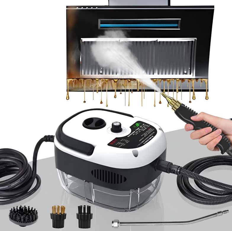 Aparat de Curățat cu Abur Portabil 2500W, 3Bar, Rezervor 1L, Încălzire Rapidă 10s, 6 Trepte Abur, 4 Accesorii, 3 Perii, Alb/Negru, 19×15×13 cm