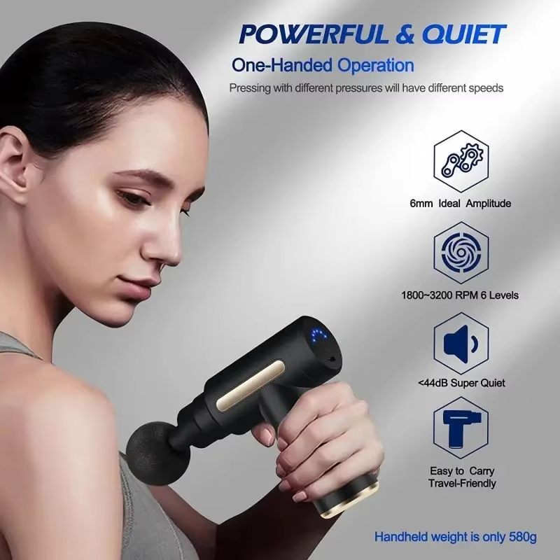 Aparat masaj percutie tip pistol profesional, 6 viteze, 4 capete, LCD touch, 3600 rpm, baterie 1800 mAh, USB-C, masaj muscular profund